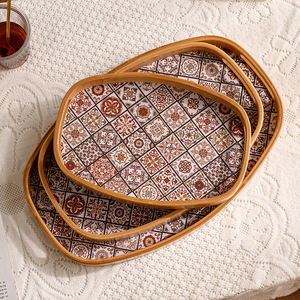 Ensemble de plateaux de service en bambou avec motif de carreaux floraux pour la maison, les collations, le thé, les fruits et le rangement - Product Image 4
