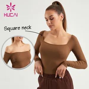HUCAI custom spandex skin friendly slim fit square neck soft rib strength lightweight yoga top long sleeve gym sports shirt