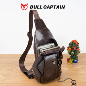 BULLCAPTAIN Genuine Leather Crossbody Sling Bag for Men Cellphone Stand, Chain, Chest Shoulder <b>Backpack</b>, Daypack - Product Image 5