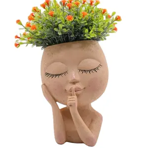 Benutzer definierte Harz niedlichen Indoor Sukkulenten Pflanzen Töpfe Gesicht Pflanzer mit Drainage Loch Mädchen Kopf Blumentopf