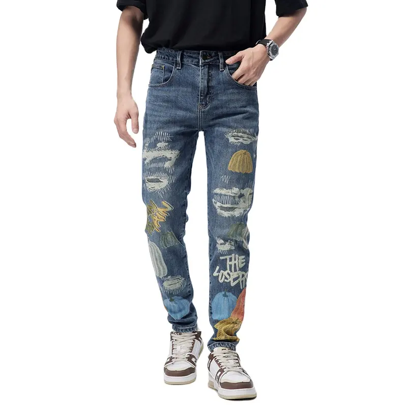 Hip Hop Style Denim Casual Ripped Pattern Pants Tapered Denim Zipper Fly Quality Jeans