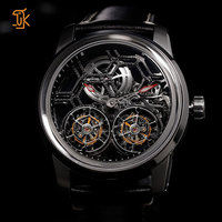 Montres squelette mécaniques automatiques à double tourbillon pour hommes de luxe avec réserve de marche en cuir en acier inoxydable cristal saphir
