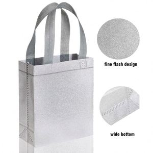 Sacs fourre-tout réutilisables en tissu non tissé argenté métallisé avec poignées, motif lettres, scintillants, pour mariages et fêtes d'anniversaire - Product Image 1