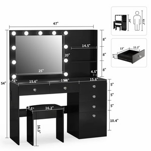Commode <span class=keywords><strong>pas</strong></span> <span class=keywords><strong>cher</strong></span> embellir noir bois chambre meubles de vanité en bois beauté vanité table en bois avec lumière LED miroir de maquillage pour chambre - Product Image 4