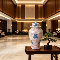 Pot en céramique sous glaçure rose, bleu et blanc, à motif floral, avec couvercle, style chinois, pour rangement et décoration intérieure