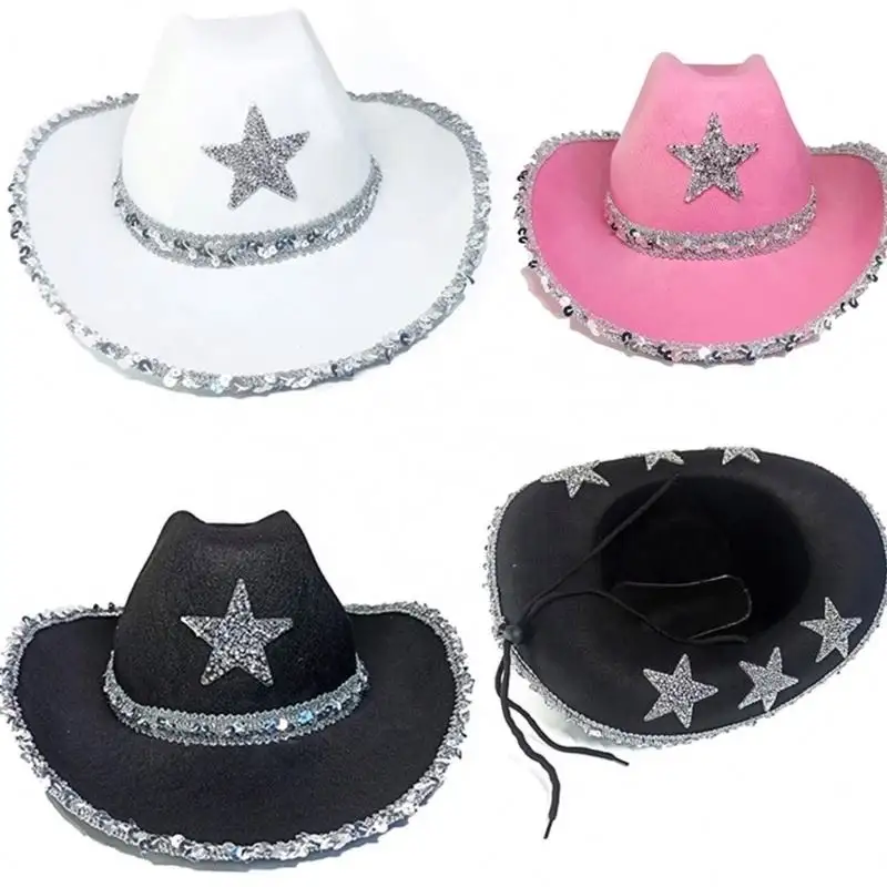 Pink Cowboy Hats For Girls Sequin Star And Edge With Pentagram Western Birthday Party Cowgirl Hat