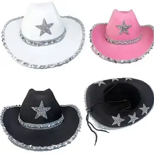 Cappelli da Cowboy rosa per ragazze stella e bordo con paillettes con pentagramma cappello da Cowgirl per festa di compleanno occidentale