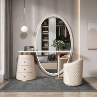 Champagner-Beige Marmor-Waschtisch-Set mit LED-Beleuchtung, Großem Ovalem Spiegel, 3-Schubladen-Schrank und Gestepptem Hocker für Schlafzimmer-Dekoration