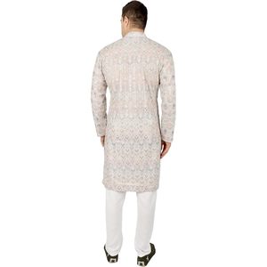 Triloki <b>Men</b> Ikkat <b>Kurta</b> Pajama Set Cotton Ethnic Indian Traditional Wear Diwali Occasion White 3XL - Product Image 5