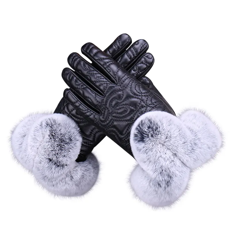 Rex Rabbit-like Fur Gloves Women's Winter Warm Furry Gloves Lovely motorcycle driving Touch Screen Outdoor Leather Gloves