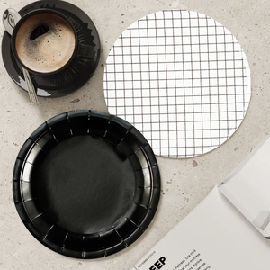 Trắng & đen chủ đề dùng một lần phân hủy Bộ đồ ăn trang trí lưới Streak Round Shaped 7 "/9" giấy tấm ly Khăn ăn - Product Image 2