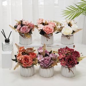 Fall Tone Mauve Artificial Rose Potted Plant With Bow <b>Ceramic</b> <b>Pot</b> Geometric Decor Ornament For Home Table Display - Product Image 2