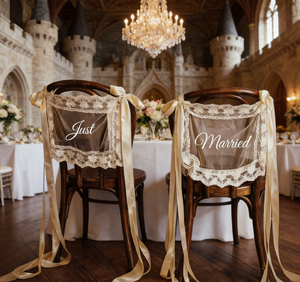 Segnaposto Eleganti in Pizzo Trasparente Multicolore per Sedia da Matrimonio 12x16 pollici - Decorazione Tavolo Sposi Mr & Mrs - Product Image 1