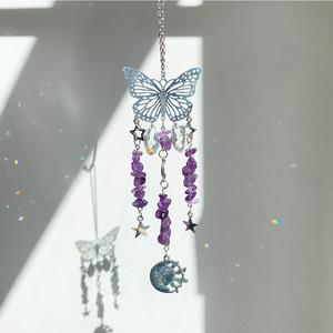 Attrape-soleil papillon fait main, pendentif de jardin, pendentif de voiture, carillon éolien en pierres précieuses et gravier, effet aurore - Product Image 6