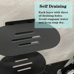 Porte-savon de salle de bain moderne auto-drainant en acier inoxydable finition nickel noir mat, accessoires adhésifs, double couche pour savon en barre - Product Image 3