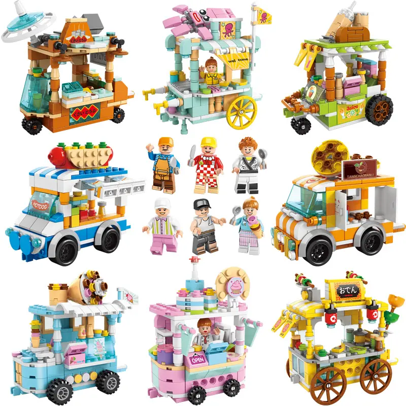 거리 간식 어린이 퍼즐 빌딩 블록 도시 스트리트 뷰 빌딩 벽돌 조립 장난감 Diy 작은 입자 음식 자동차 블록