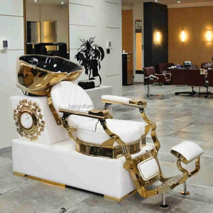 Silla de champú blanca antigua de estilo clásico, cuenco de cerámica con acento dorado para hombres, barbería - Product Image 3