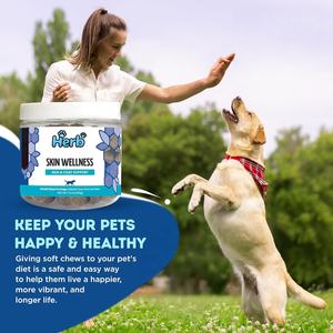 Complément nutritionnel pour animaux de compagnie, sous marque privée OEM/ODM, en forme de friandises à mâcher douces pour le pelage et la peau, améliorant la santé du pelage, conditionnement en pot de 90 unités. - Product Image 5