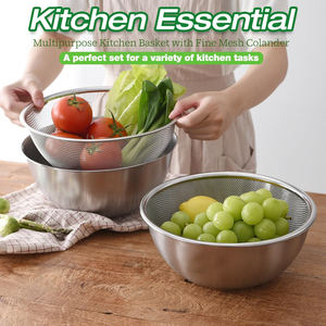 स्टेनलेस स्टील मिश्रण कटोरे और कोलैंडर के साथ बहुउद्देशीय रसोई स्ट्रैनर टोकरी सेट - Product Image 2
