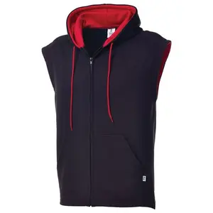 Mens custom made cotton fleece plain navy blue and red with full zip with kangaroo pocket on front sleeveless sports casual vest