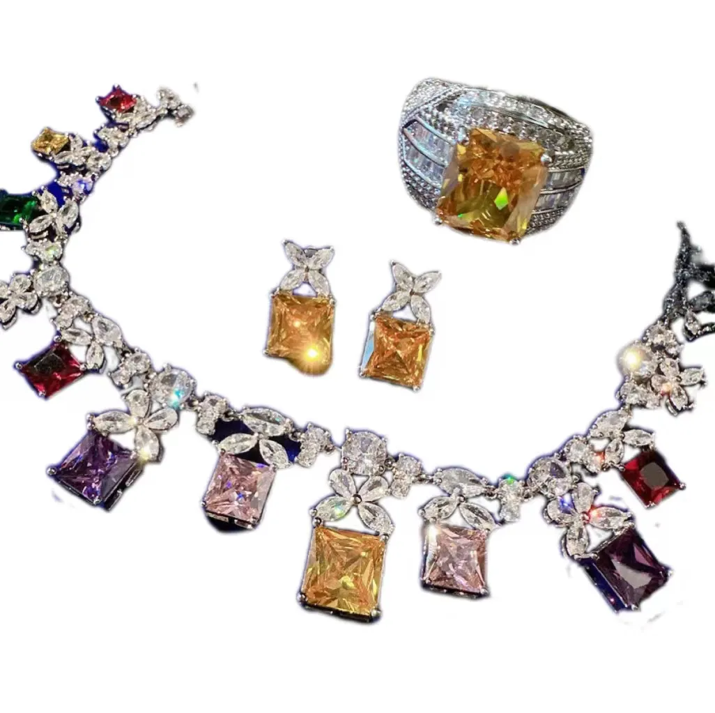 Latest Luxury Jewelry Original Design 18K Gold Plated SquareTopaz Yellow Pink Colored Gemstone Pearl Diamond Ring Necklace Set