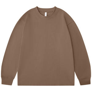 เสื้อยืดแขนยาวคอกลมสีพื้นผ้าถักนิตติ้งเนื้อหนาผ้าฝ้าย 100% สำหรับผู้ชายทรงโอเวอร์ไซส์แบบลำลอง - Product Image 4