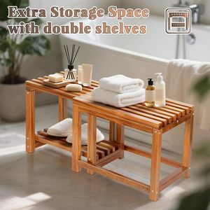 Tabouret de douche en teck avec étagère de rangement 41x28x38,4 cm, meuble de salle de bain imperméable et antidérapant - Product Image 4