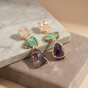 Boucles d'oreilles pendantes géométriques pour femmes, plaquées or, avec améthyste, quartz rose et turquoise, serties clos, bijoux de fête bohèmes - Product Image 1