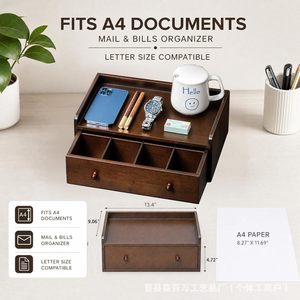 Solid Wood Desktop <b>Storage</b> <b>Box</b> With <b>Drawers</b> Brown Rectangle Office Organizer For Desk Accessories Shandong Made - Product Image 4