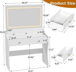 Coiffeuse blanche nacrée avec miroir LED et 5 tiroirs, table de maquillage avec station de charge, 3 modes de couleur - Product Image 2