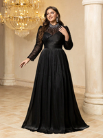 Robe de soirée/mariage formelle ajustée pour femme grande taille, col montant, manches à volants, ornée de strass faits main, effet lumineux