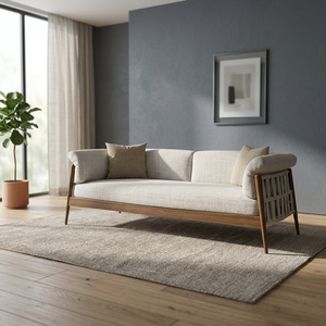 Midcentury Modern Three Seat <b>Sofa</b> With Wooden Frame Fabric Upholstery Rolled Arms Loose Back Living Room Furniture - Product Image 4