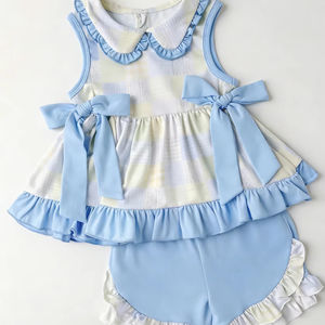 GSSO3439 CUSTOM Ensemble de vêtements pour petite fille active, imprimé à rayures bleues et à carreaux verts, vente en gros, ensemble à manches courtes pour enfant - Product Image 1