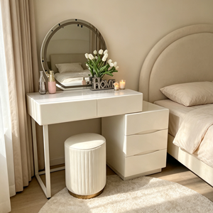 Tocador de maquillaje minimalista moderno con espejo ovalado iluminado y cajones de almacenamiento, mesa de tocador para dormitorio con taburete. - Product Image 4
