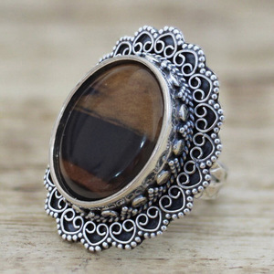 Anello in Argento T0988, Argento Sterling 925 Placcato Anticato con Incastonatura a Castone, Pietra Naturale a Forma di Fiore, Gioiello Unisex da Regalo - Product Image 1