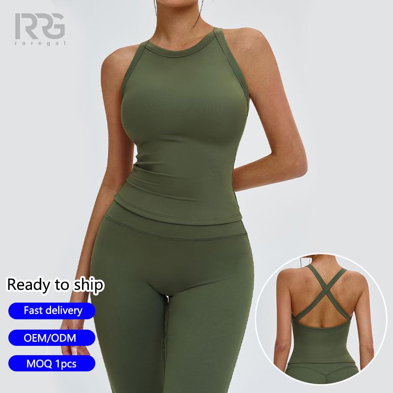 Roregal Running Fitness Gym High Neck Sport Tank Women's Cross-Back Yoga Tank Top with Removable Pads