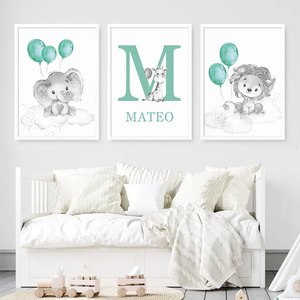 Affiche personnalisée avec le nom de bébé, animaux de dessin animé, lion, éléphant, peinture sur toile, art mural pour <span class=keywords><strong>chambre</strong></span> d'enfant, impression, décoration de la maison - Product Image 3