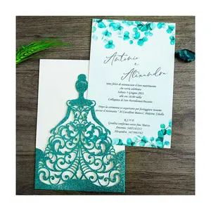 도매 레이저 컷 빈 녹색 반짝이 종이 조각 공주 성인식 결혼식 초대 카드