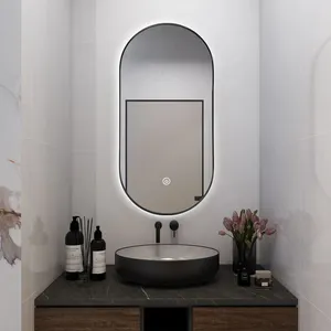 Зеркало для душа в форме таблетки, Черное золото, обрамленное зеркало для ванной комнаты со светодиодной подсветкой, Настенное