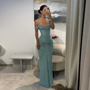 Abito da ballo Sharon Said SH553 a sirena azzurro con <span class=keywords><strong>paillettes</strong></span> scintillanti, spalle scoperte, spalline sottili e drappeggio, ideale per feste e matrimoni - Product Image 2