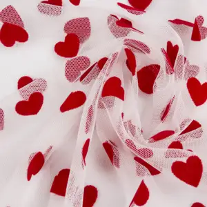 high quality heart shape design soft flocking print tulle flock with powder dust for dress