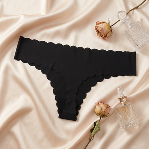 Wholesale Ladies <b>Seamless</b> Ribbed <b>Thong</b> Underwear Scalloped Wave Edge No Show Low Rise Women Panties Solid Solid Color Underpants - Product Image 2