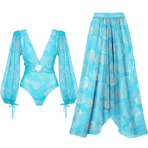 <b>Women</b> Seashell Print 2 Piece <b>Swimsuit</b> Set Deep V Mesh Puff Long Sleeve One Piece Monokini <b>With</b> Mesh Maxi Cover Up <b>Skirt</b> OEM ODM - Product Image 6