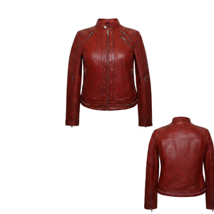Veste en cuir d'agneau véritable rouge coupe-vent à col montant avec doublure en laine pour femme, fermeture éclair cloutée, style motard, coupe classique pour l'hiver - Product Image 1