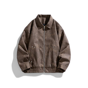 Chaqueta corta de cuero con logo personalizado, estilo americano retro, color sólido, corte ajustado, para hombre y mujer, con hombros caídos, solapa de cuero, a la moda. - Product Image 2