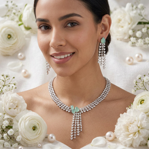 Luxury Brass <b>Silver</b> Plated Mint Green Cubic Zirconia <b>Choker</b> Necklace Dangle Earring Bridal Jewelry Set For Women - Product Image 2