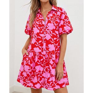 FOXA Womens <b>Summer</b> Floral Shirt <b>Dress</b> Puff Sleeve Button Down Mini <b>Boho</b> Casual Sun <b>Dress</b> Natural Waist Woven Fabric - Product Image 2