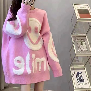 Suéter de punto rosa con cara sonriente para mujer, holgado, talla única, longitud media, cuello redondo, jersey de otoño-invierno, a la moda, con bloques de color - Product Image 2