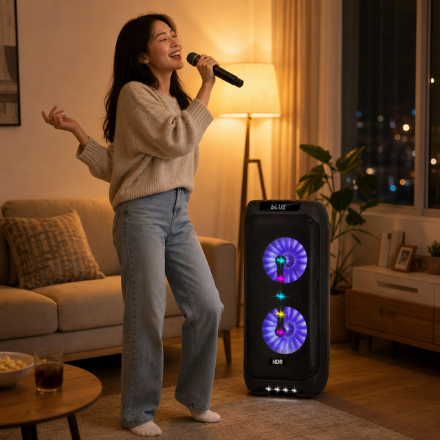 Oem NDR-S112 12 Inch Subwoofer Portable Karaoke Speaker RGB 6 Knobs 60W with Dual VHF Wireless Microphone for Singing