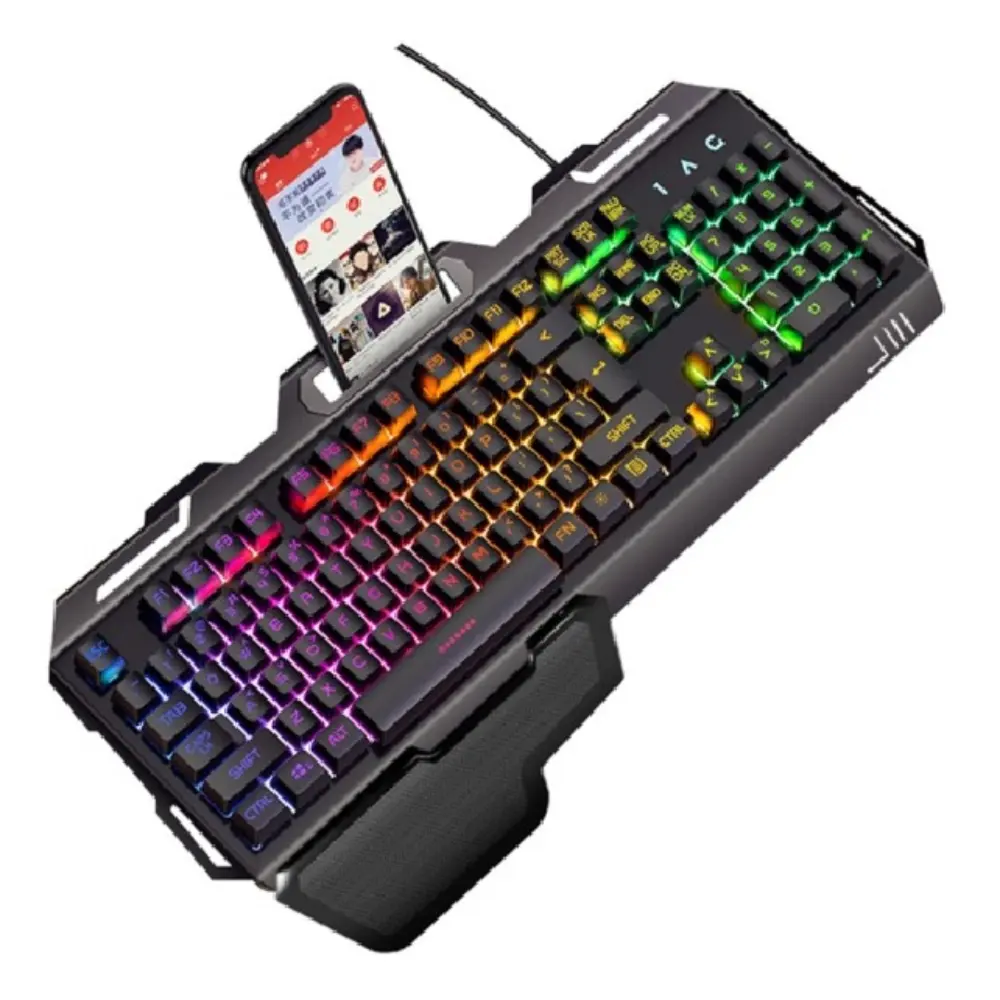 Papan kunci pelangi tahan air, dengan dudukan ponsel eksklusif, lampu latar Panel logam portabel RGB Keyboard Gaming